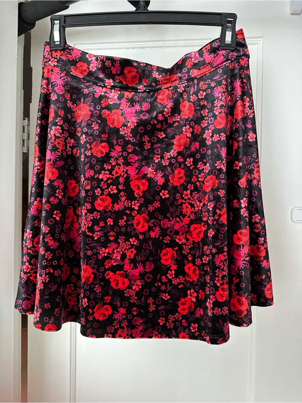 Velvet Circle Skirt with Red & Pink Floral Design